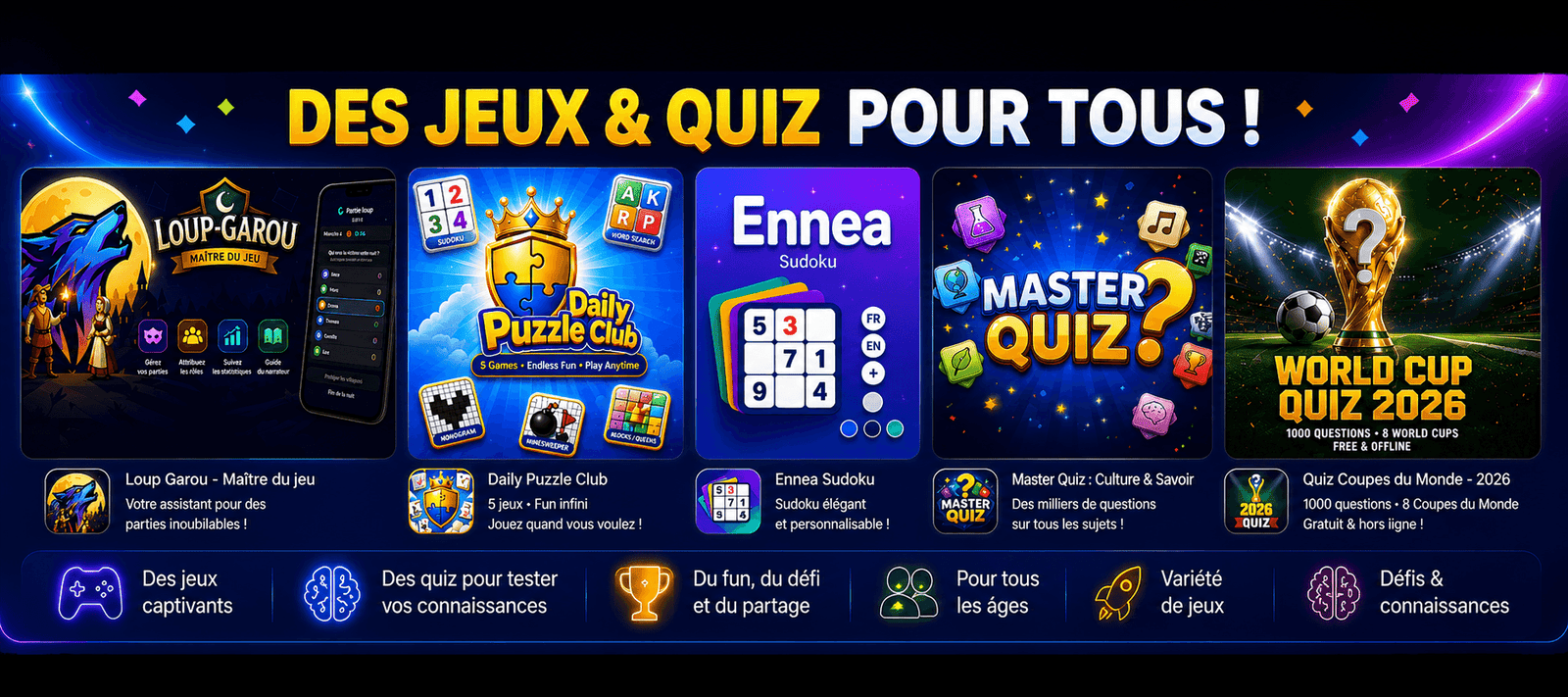 Jeux & quiz ORTYZ — Loup-Garou, Daily Puzzle, Sudoku, Master Quiz et plus, à télécharger gratuitement sur Google Play